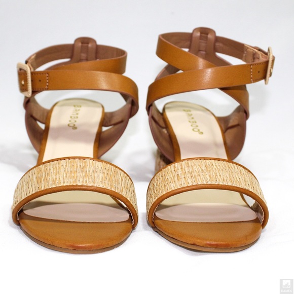Bamboo tan open toe ankle strap casual heel - Picture 2 of 4